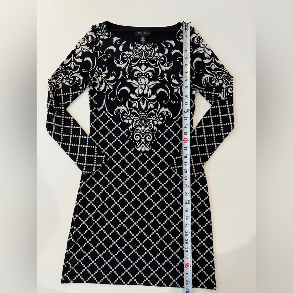 WHBM Paisley Geometric Black and White Long Sleeve Dress - Picture 3 of 14
